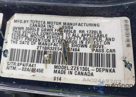 2004 Toyota Corolla Le z USA, uszkodzony, nr VIN 2T1BR32E54C297464